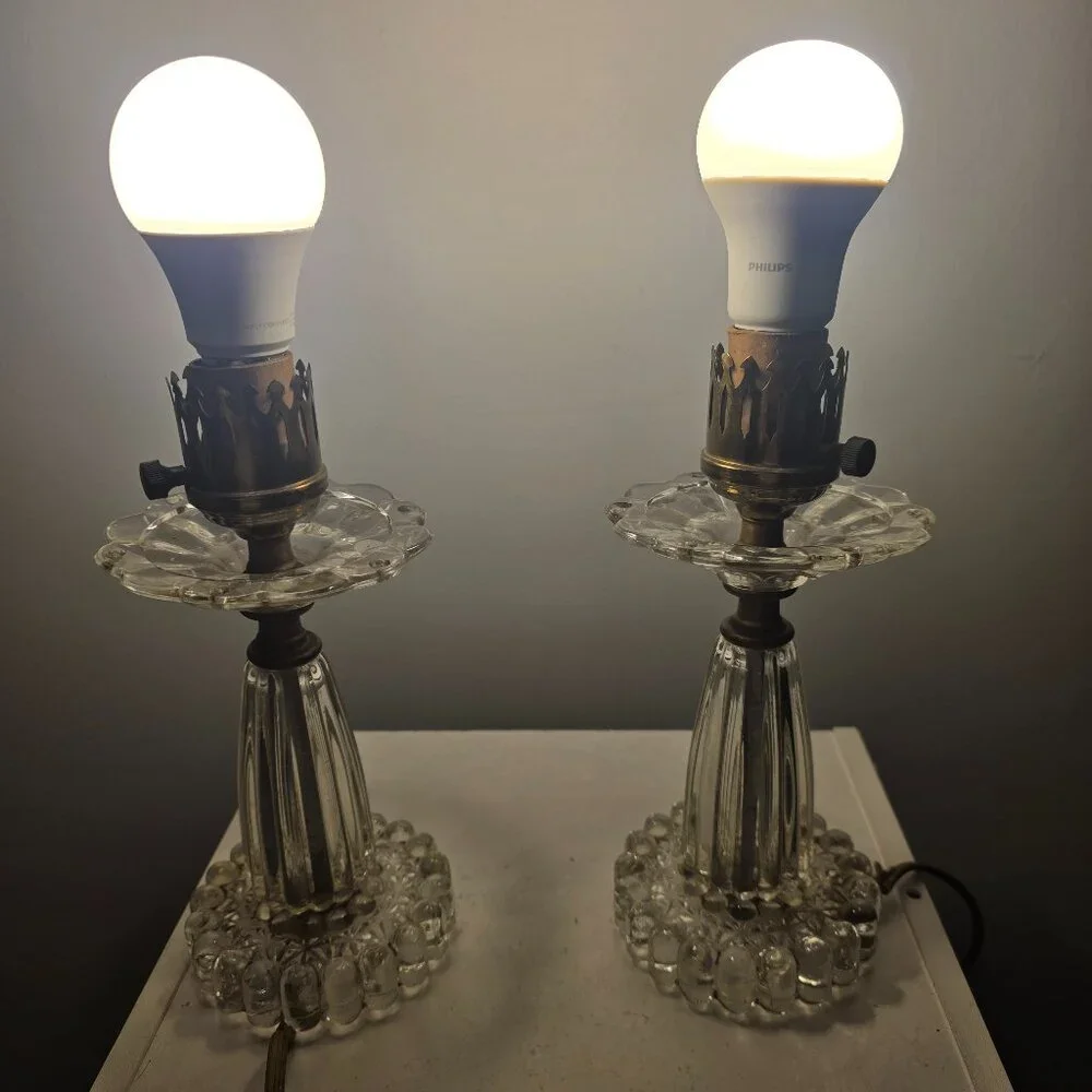 Vintage Boudoir Set of Two Clear Glass Table Lamps